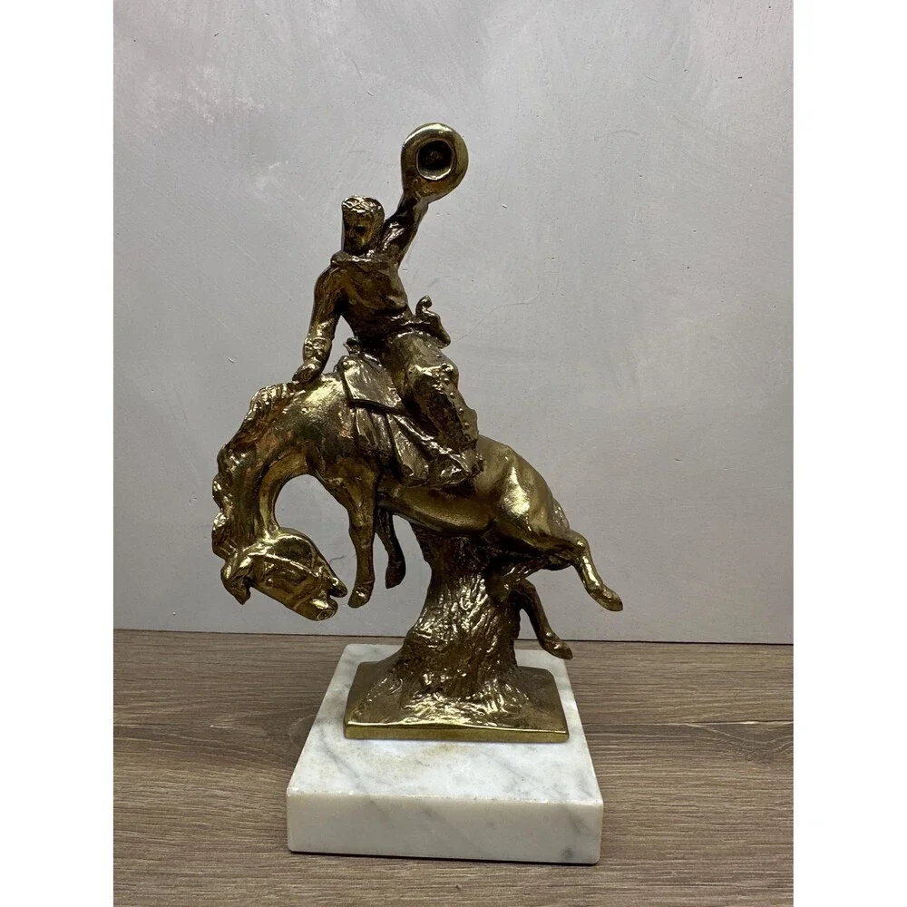 Vintage Brass Plated Bronze Bronco Buster Cowboy Statue, Marble Base Paul Herzel